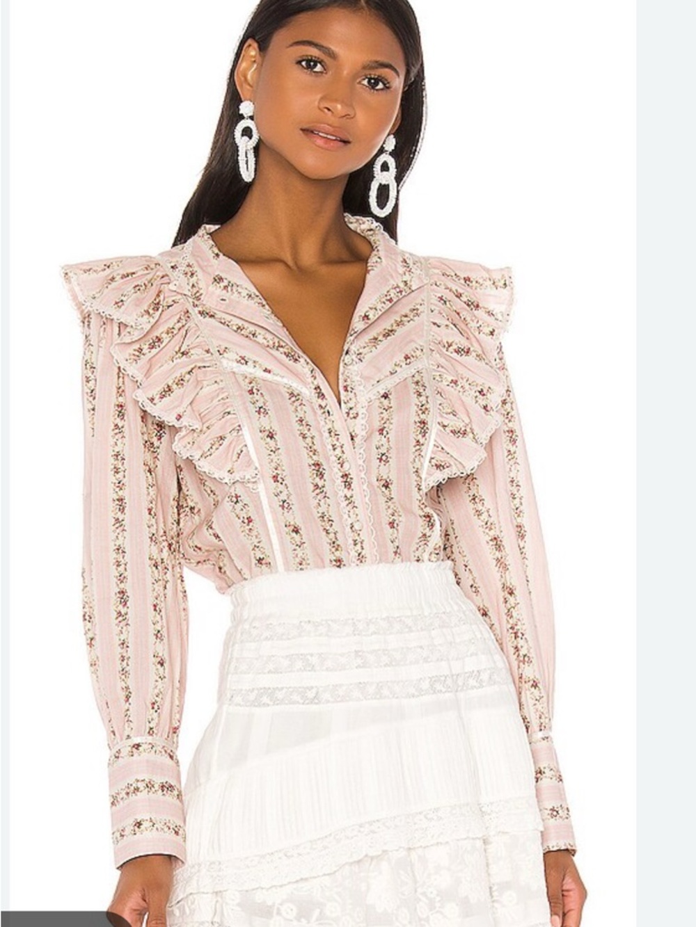 LoveShackFancy Pink Floral Stripe Ruffle Blouse